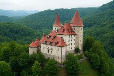 Ancient Czech castle surrounded by forested hills.