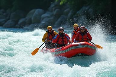 Group rafting on white-water river.