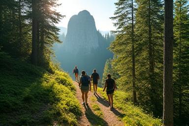 Hikers on a scenic woodland trail.