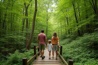 Family crossing a wooden bridge in lush forest.