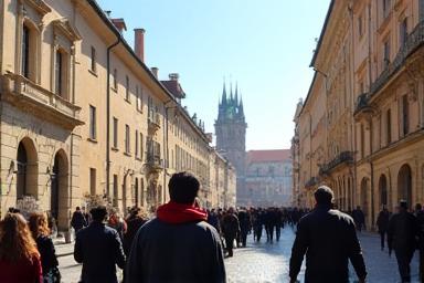 Tourists admiring Prague’s historic architecture.